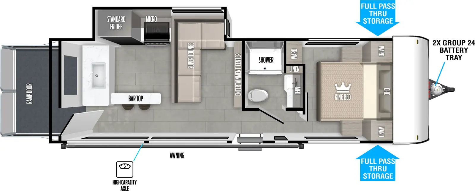 The Wildwood FSX 269VC floorplan is a toy hauler that has one entry and one slide out. Exterior features include: fiberglass exterior. Interiors features include: front bedroom.